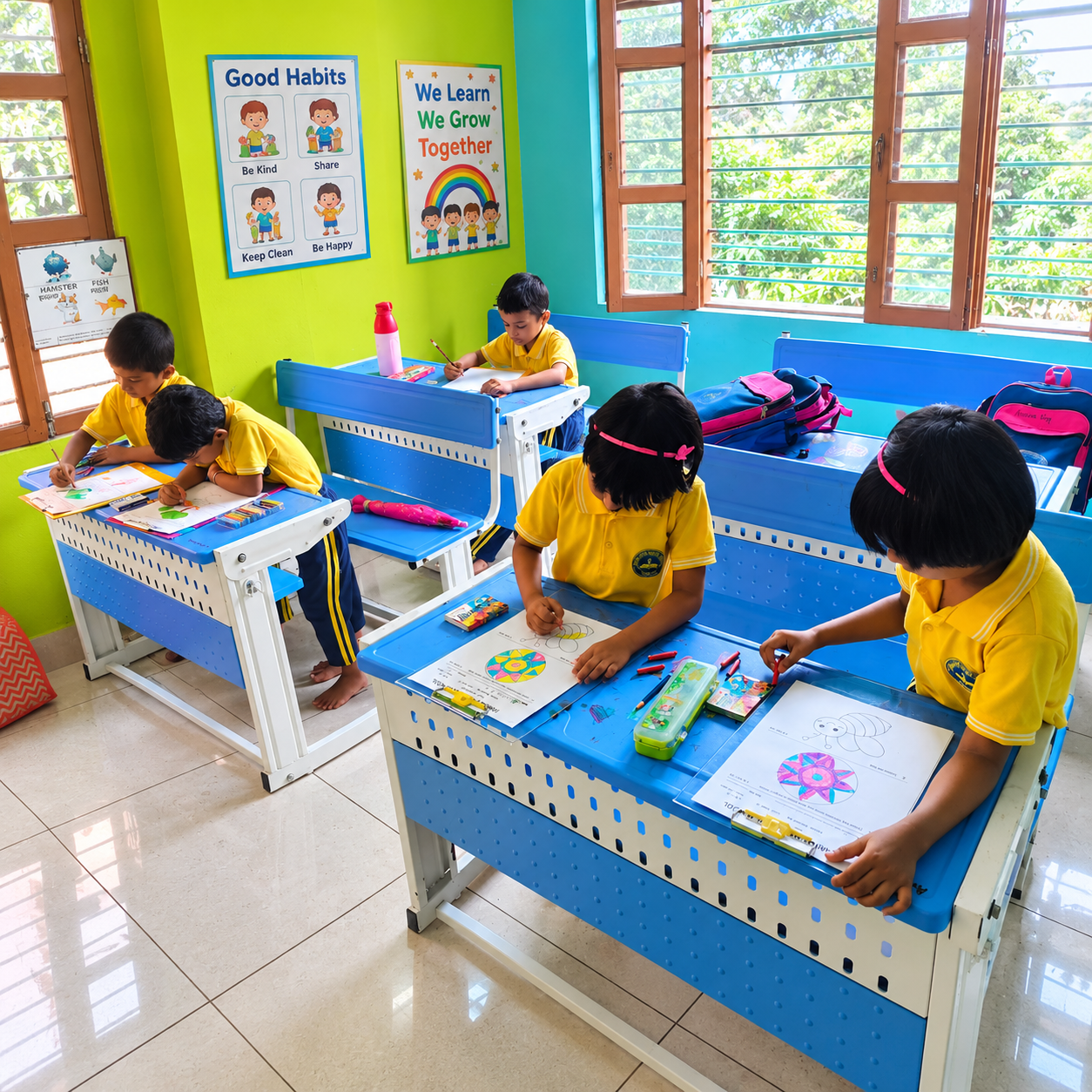 KG students are practicing art & craft